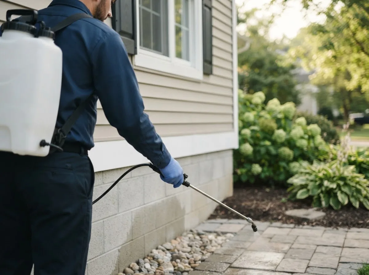 Pest control technician inspecting a home in Roduco, NC